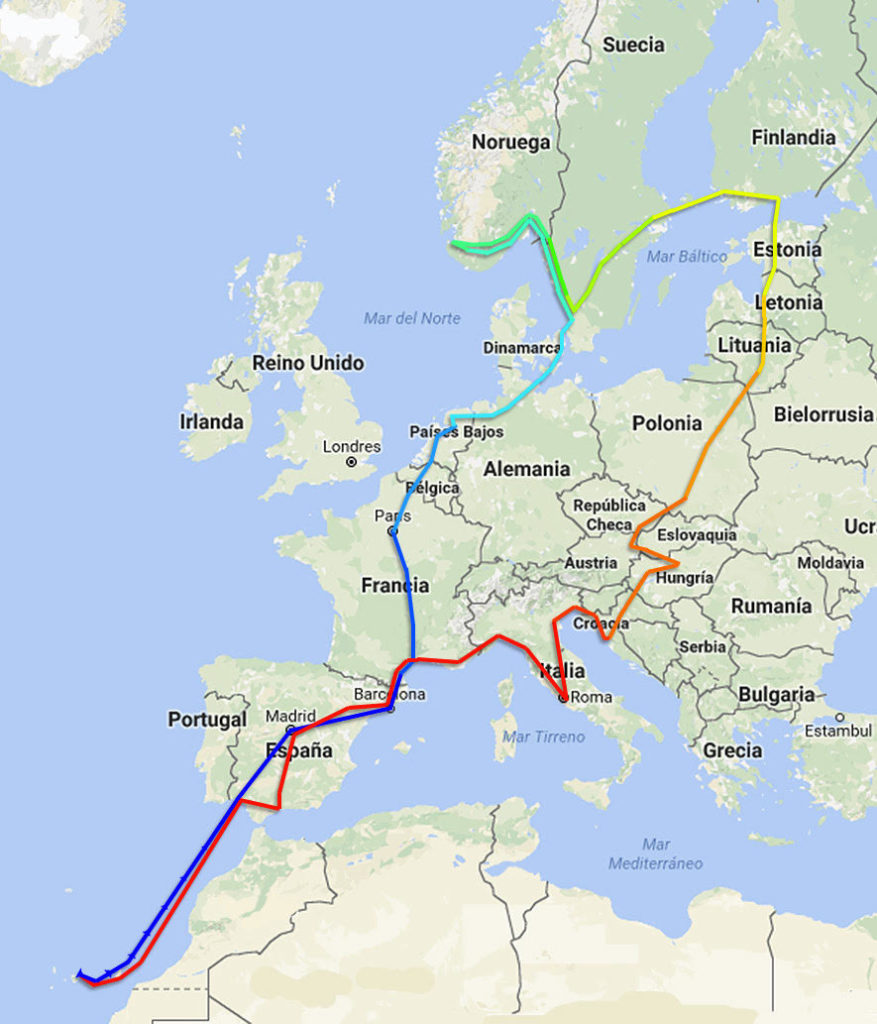 Mapa de la ruta con moto a Europa. 21 países.